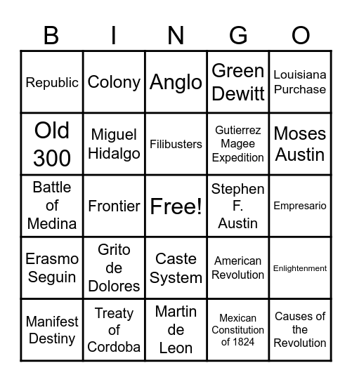 Mexican National Era Bingo Card