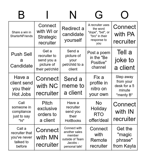 Team Jacobs Bingo Card