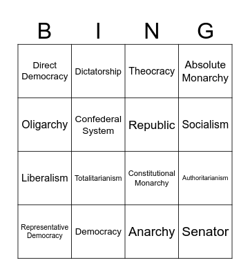 Types of Government Bingo Card