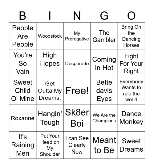 Songs Title Bingo Card