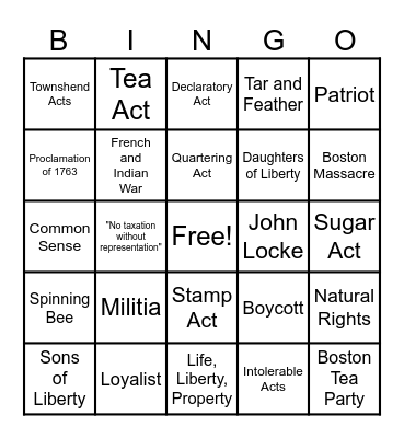 Road to Revolution Bingo Card