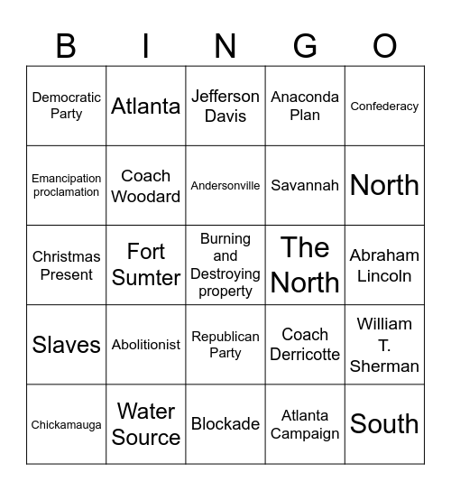 Civil War Bingo Card