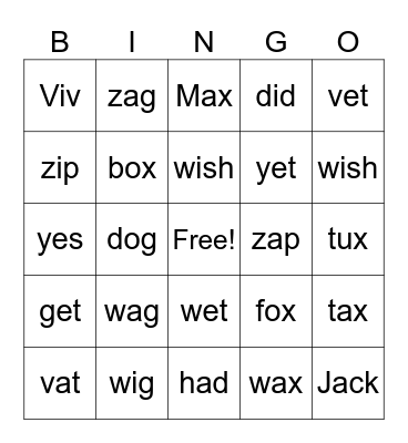 1.2 vwxyz BINGO Card