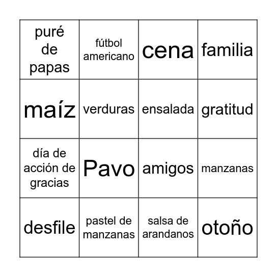 Día de acción de gracias Bingo Card