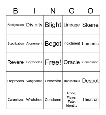 Oedipus Vocab Bingo Card