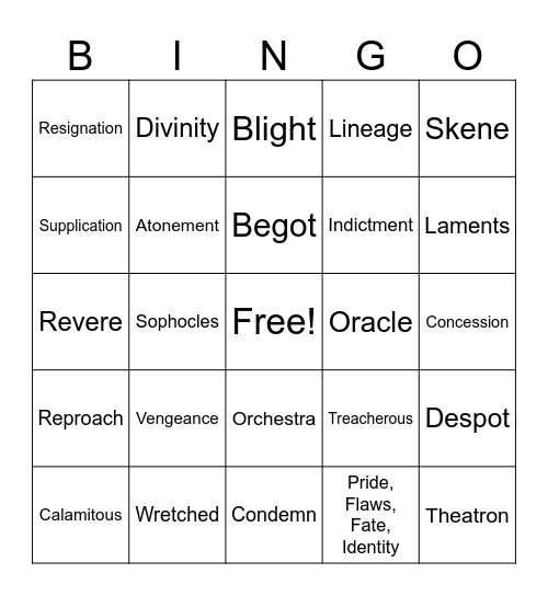 Oedipus Vocab Bingo Card
