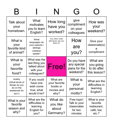 Small Talk Bingo Card