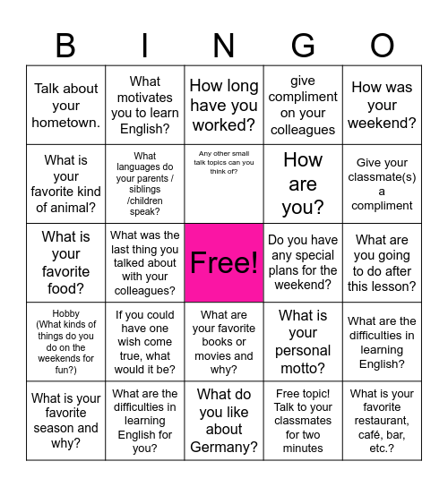 Small Talk Bingo Card