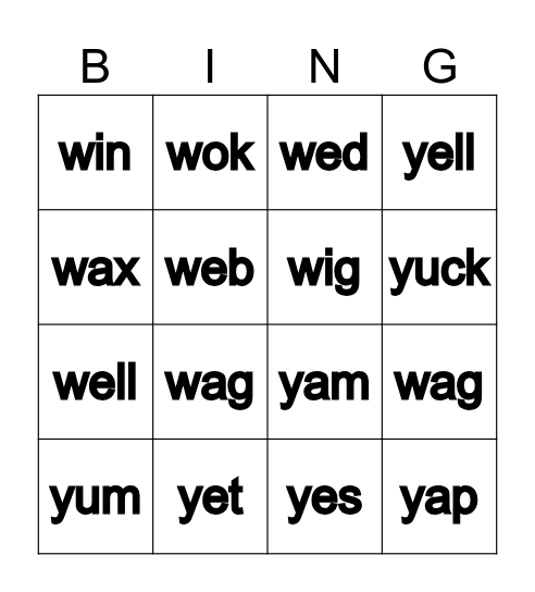 y and w Bingo Card