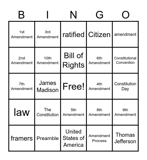 The Constitution and Bill of Rights Bingo Card