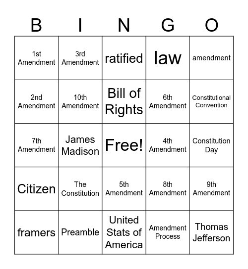 Constitution and Bill of Rights Bingo Card
