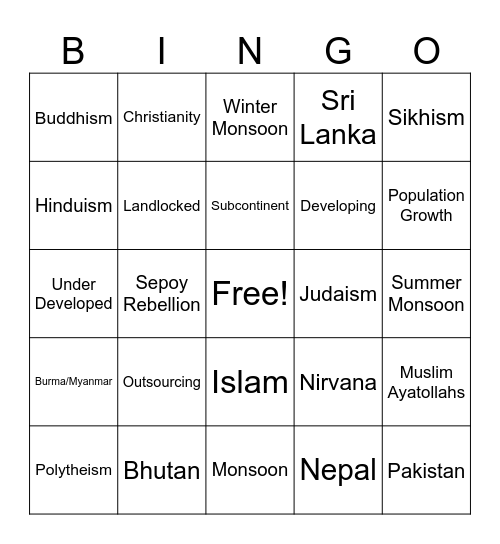 South Asia Review Bingo Card