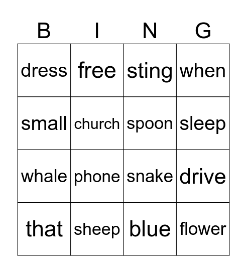 Digraphs Bingo Card