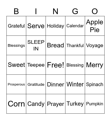 Thanksgiving Break BINGO Card