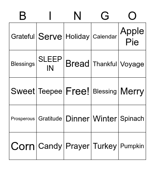 Thanksgiving Break BINGO Card