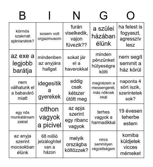 Asszonysutyorgós élet bingó Bingo Card