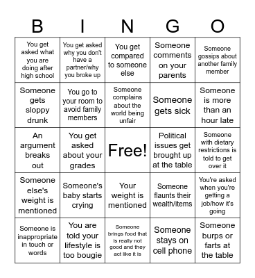 Dysfunctional Family Bingo Card