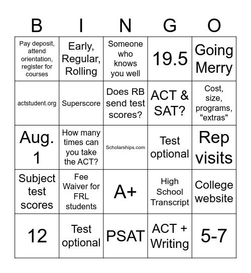 ACT Prep Q&A Bingo Card