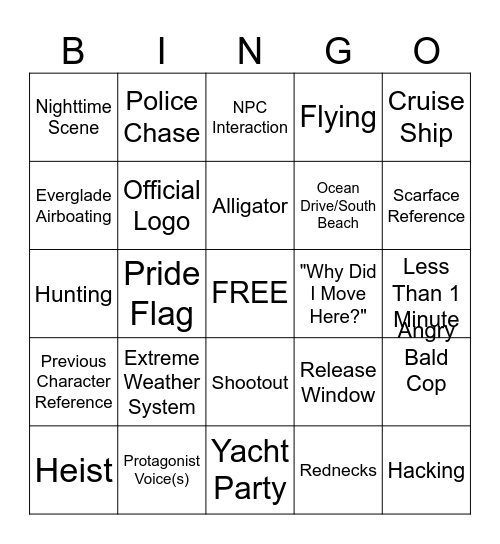 GTA VI TRAILER BINGO Card