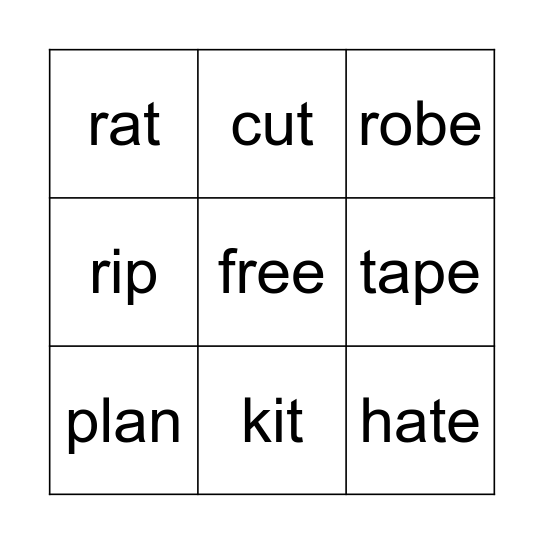 Silent E Bingo Card