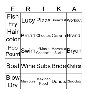 Erika's Bridal Shower Bingo Card