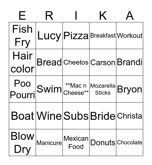 Erika's Bridal Shower Bingo Card