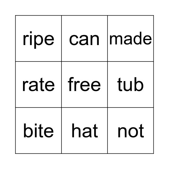 Silent E Bingo Card