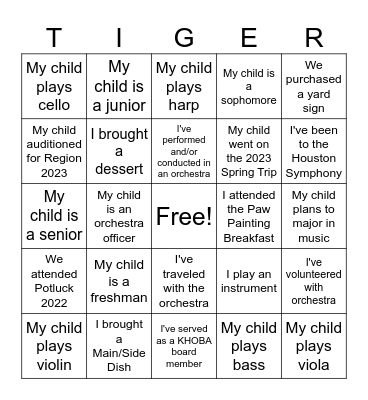 Katy High School Orchestra Potluck 2023 Bingo Card