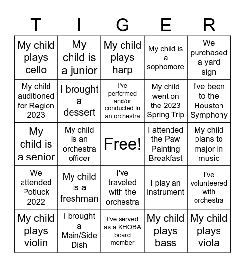 Katy High School Orchestra Potluck 2023 Bingo Card