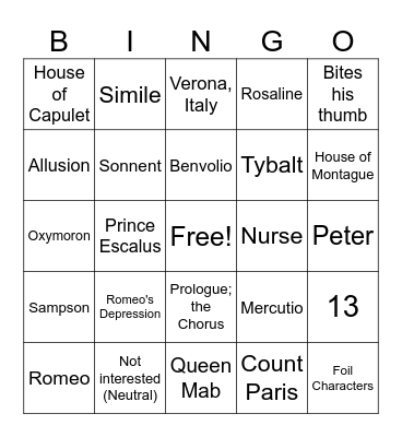 Romeo and Juliet - Act 1 Bingo Card