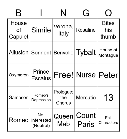 Romeo and Juliet - Act 1 Bingo Card