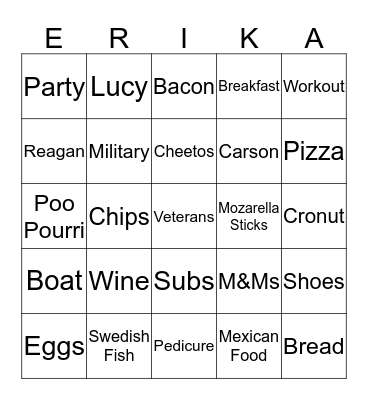 Erika's Bridal Shower Bingo Card