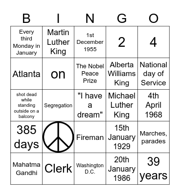 Martin Luther King Jr. day Bingo Card