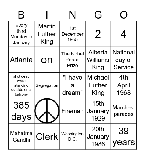 Martin Luther King Jr. day Bingo Card