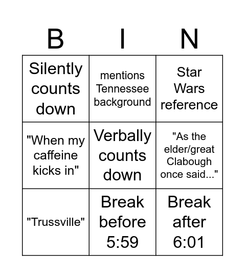 Clabough Bingo Card