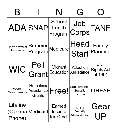 Social Policy Bingo Card