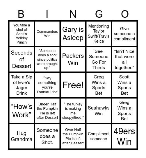 Thanksgiving BINGO!!!!! (all quotes all only valid if someone not playing BINGO says them) Bingo Card