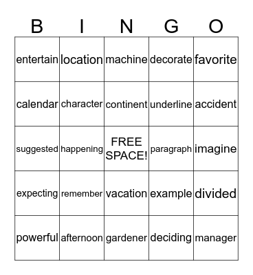 1R Syllable Word BINGO Card