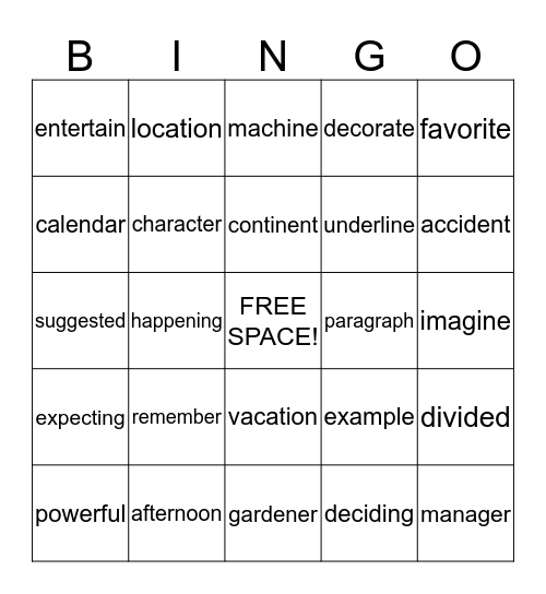 1R Syllable Word BINGO Card