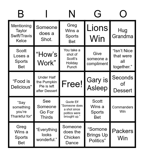 Thanksgiving BINGO!!!!! (all quotes all only valid if someone not playing BINGO says them) Bingo Card