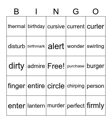 er, ir, ur 2 syllable 5x5 Bingo Card