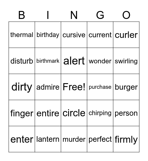 er, ir, ur 2 syllable 5x5 Bingo Card