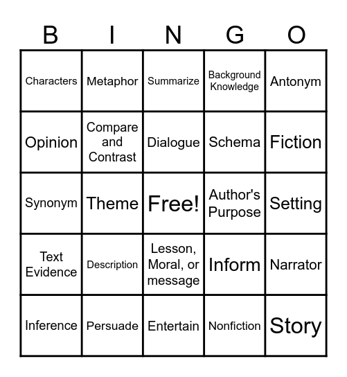 Reading Vocabulary Bingo Card