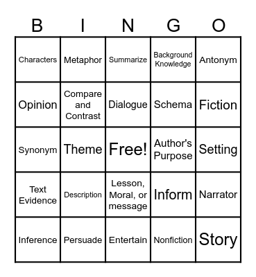 Reading Vocabulary Bingo Card