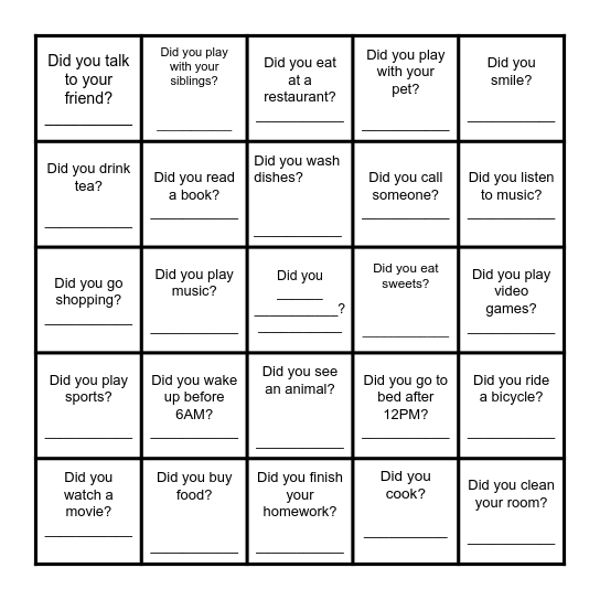"What did you do yesterday? " Bingo Card