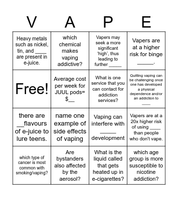 VAPING FACTS Bingo Card