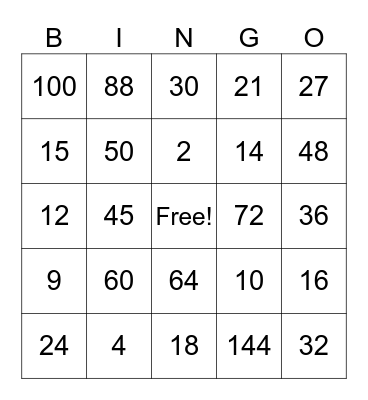 Multiplication Bingo Card