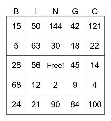 Multiplication Bingo Card