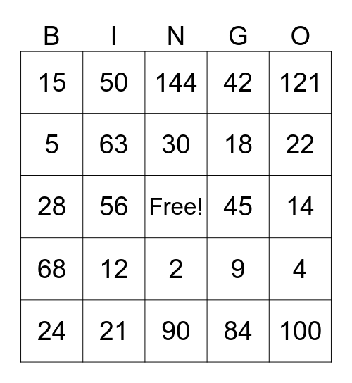 Multiplication Bingo Card