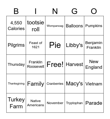 Mr. Moore's Thanksgiving Bingo Card